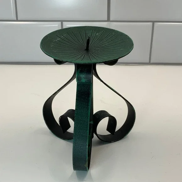 Vintage Green Verdigris Wrought Iron Pillar Candle Holder Scroll Base Hong Kong - Picture 2 of 7